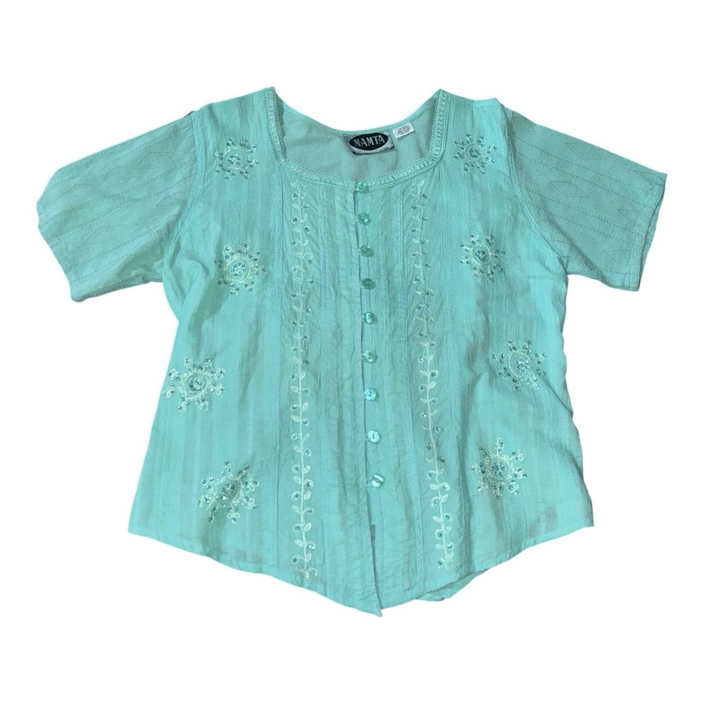 Mamta One Size Aqua Embroidered Button Front Tie Back Cotton Blouse‎ Boho India